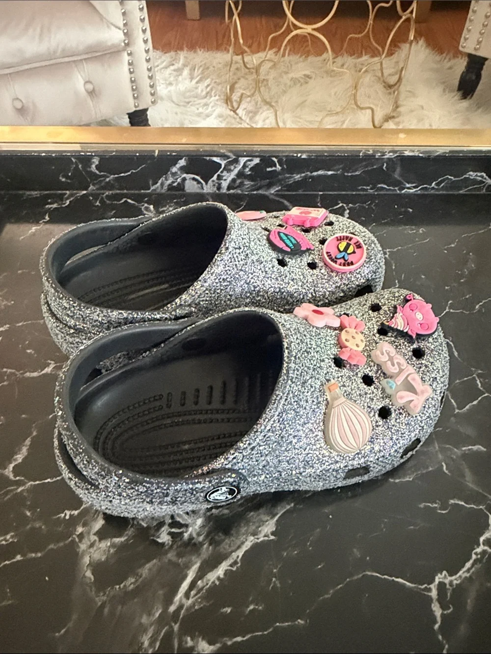 CROCS Glitter Kids Clogs with Pink Charms